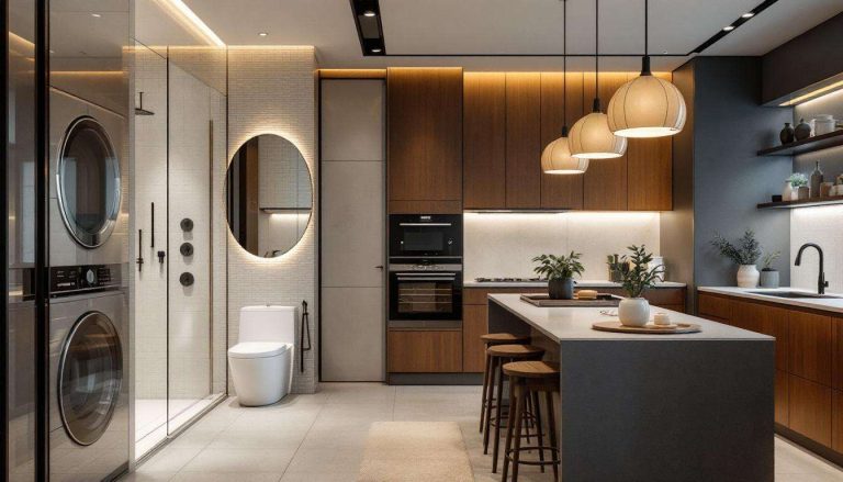 Progetto d’arredo per il bagno lungo e stretto con lavanderia e per la cucina con penisola